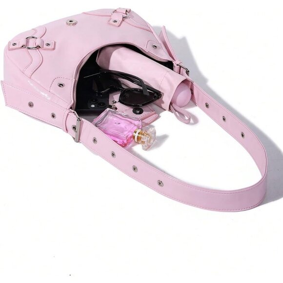 Women's Studded PU Leather Tote Handbag Adjustable Strap Boho Bags -Pink - Picture 8 of 9